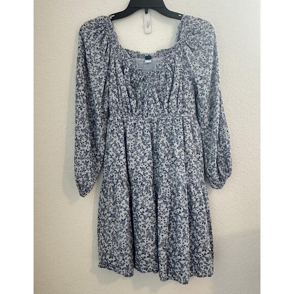 Old‎ Navy Dress Womens S Blue Ditsy Floral L/S Tie Neck Smocked Boho Romantic - Picture 1 of 15